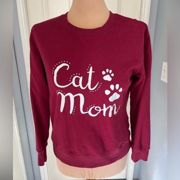 Cat Mom Graphic Burgundy Knit Sweatshirt Top Kitty Lover - Picture 1 of 8